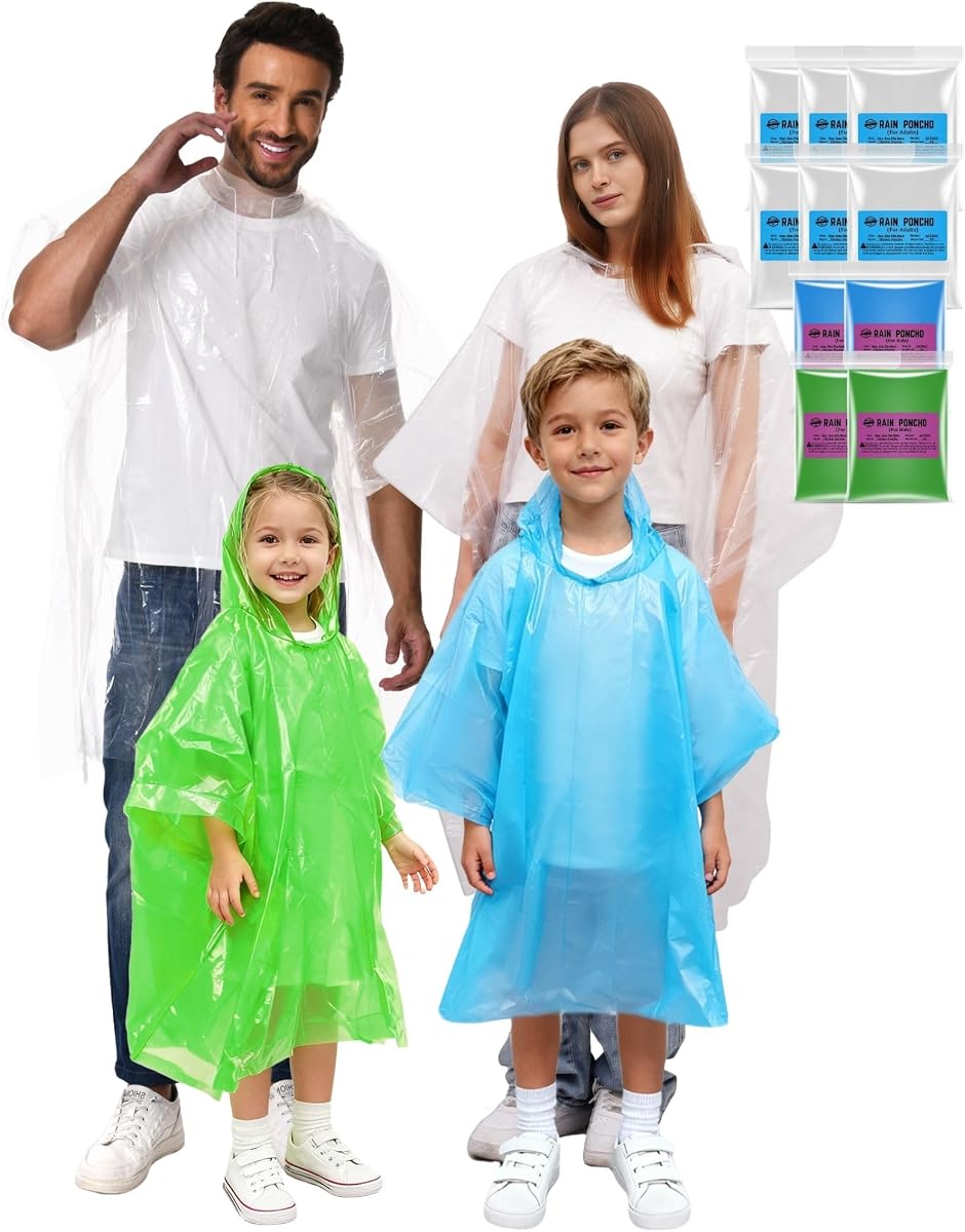 Poncho de lluvia desechable familiar, paquete de 10 para adultos y niños con capucha, 2 veces más grueso para parques temáticos, viajes y actividades al aire libre