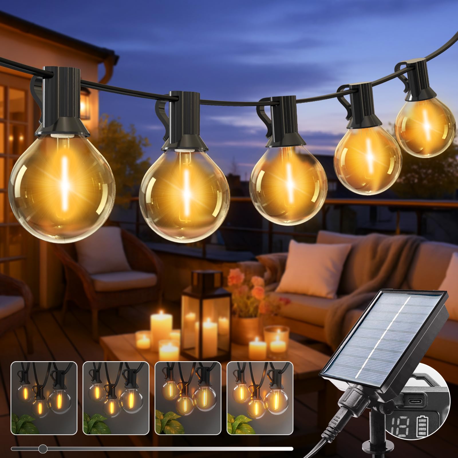 kolpop Guirnaldas Luces Exterior Solar, 10M Guirnalda Solar Exterior con 8 Modes & 4 Regulable, Recargable por USB, Impermeable Luces Terraza para Jardín, Patio, Fiesta