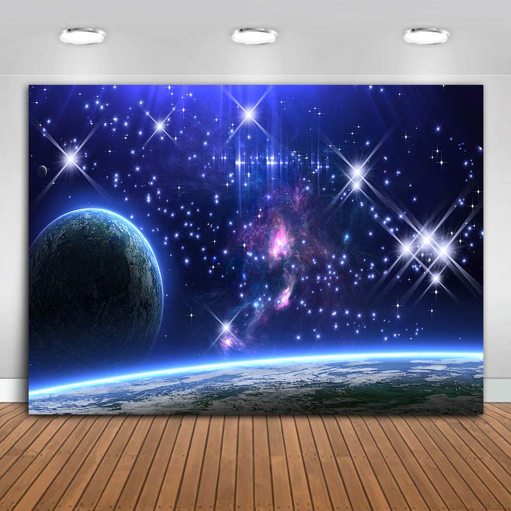 MTMETY Galaxy Backdrop Stars Sky Background Dark Blue Halo Glitters Stars Purple The Earth Props Photo Studio 9x6ft BJXYME11
