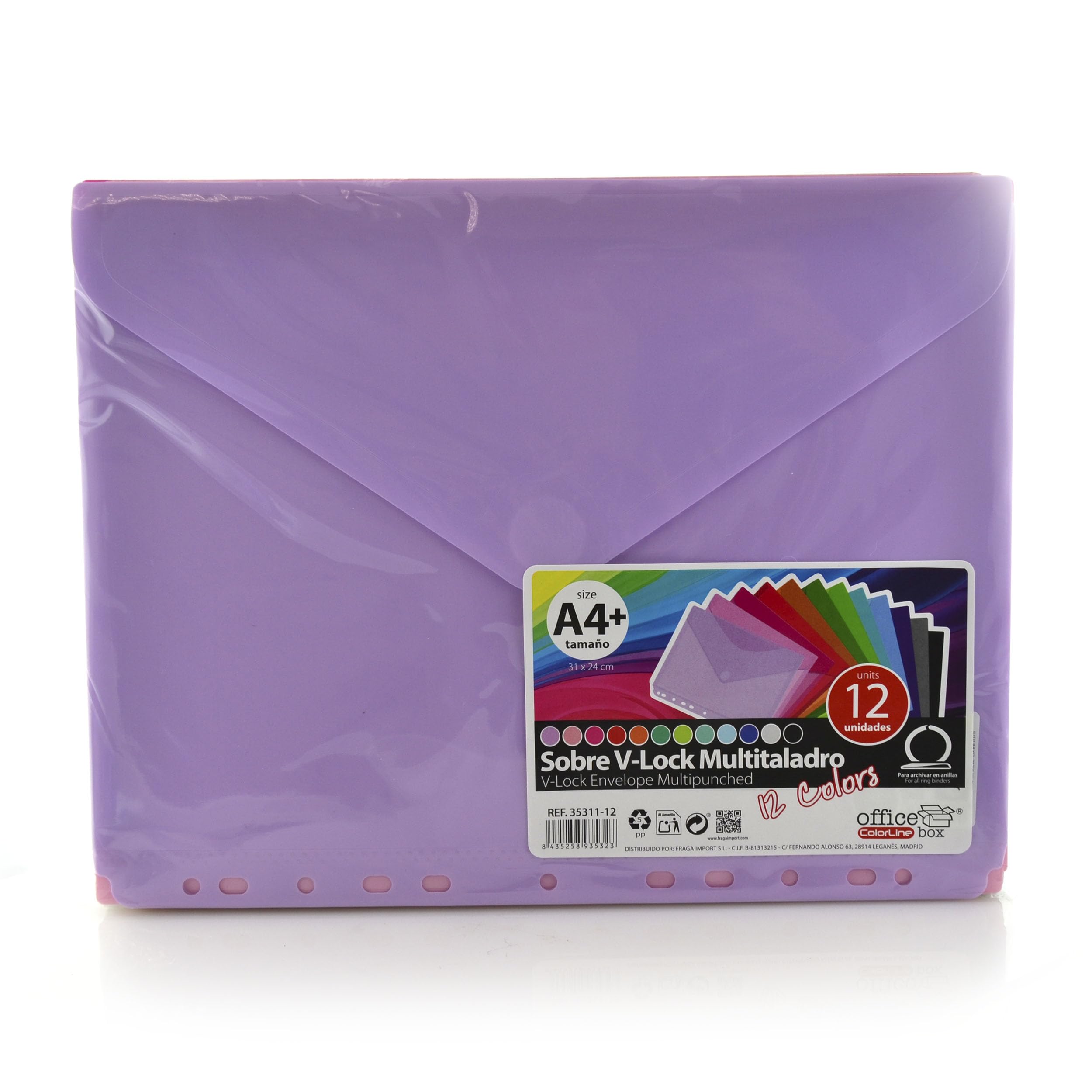 Pack de 12 Sobres con Cierre V-LOCK en Polipropileno, 100% ECO - Tamaño A4+ Para archivar en Carpetas de anillas con 12 Colores sólidos Colorline en acabado Soft Touch by Office Box.
