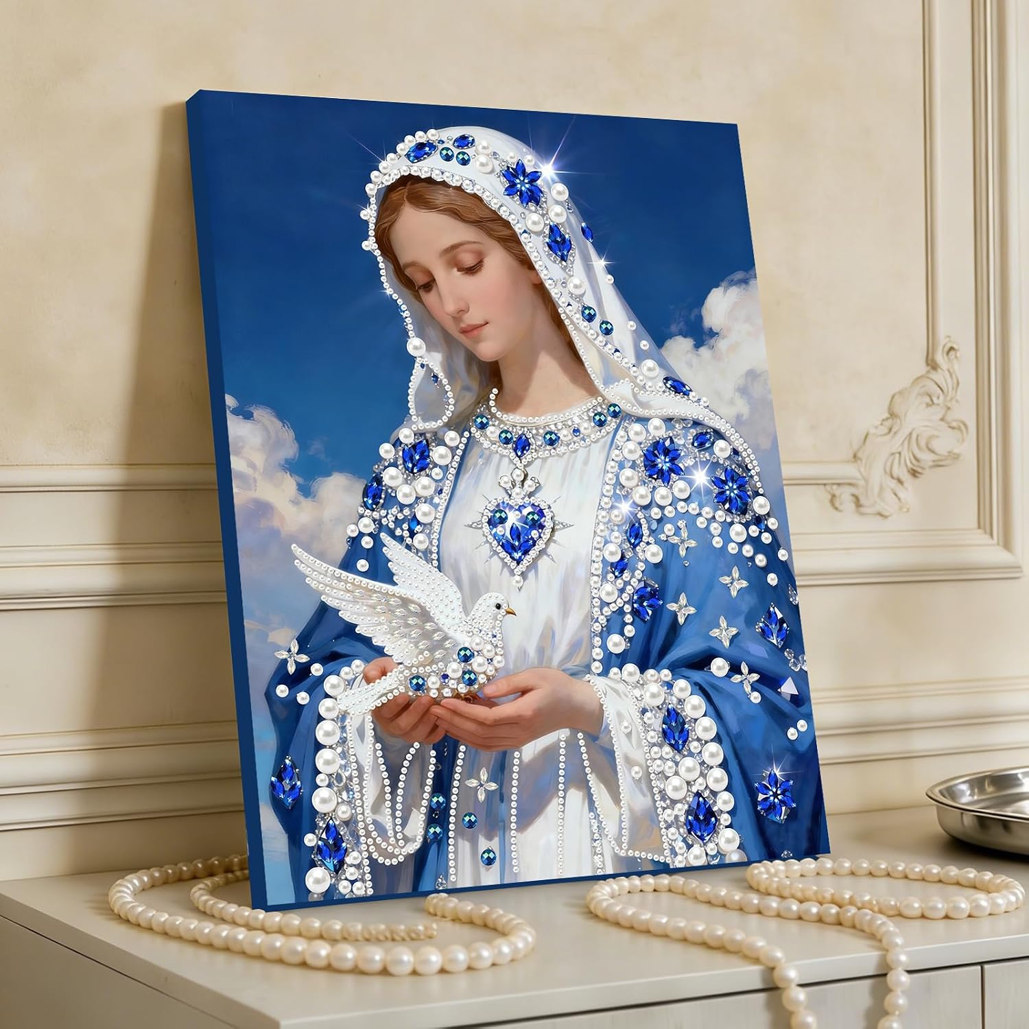 C'eitura Our Lady DIY Special Shape Drill Pearl Gem Diamond Art Painting Kit with Frame, 11.81x15.75 Inch Religious Art Craft for Adults Home Decor