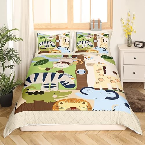 Miniatura 3 de Funda de edredón de animales del zoológico de dibujos animados para niños pequeños, lindo león, mono, elefante, juego de ropa de cama para