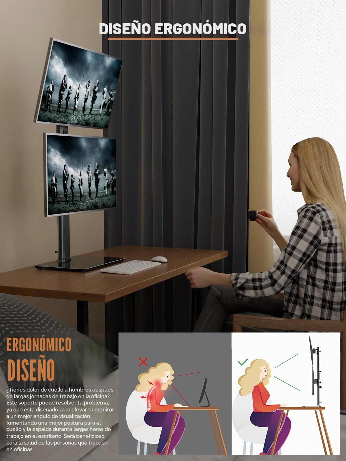 Hemudu - Soporte para monitor doble (vertical, apilable, se adapta a dos pantallas de 13 a 34 pulgadas con giro, inclinación, altura ajustable, soporta una (1) pantalla de hasta 20 kg,HT05B-002P