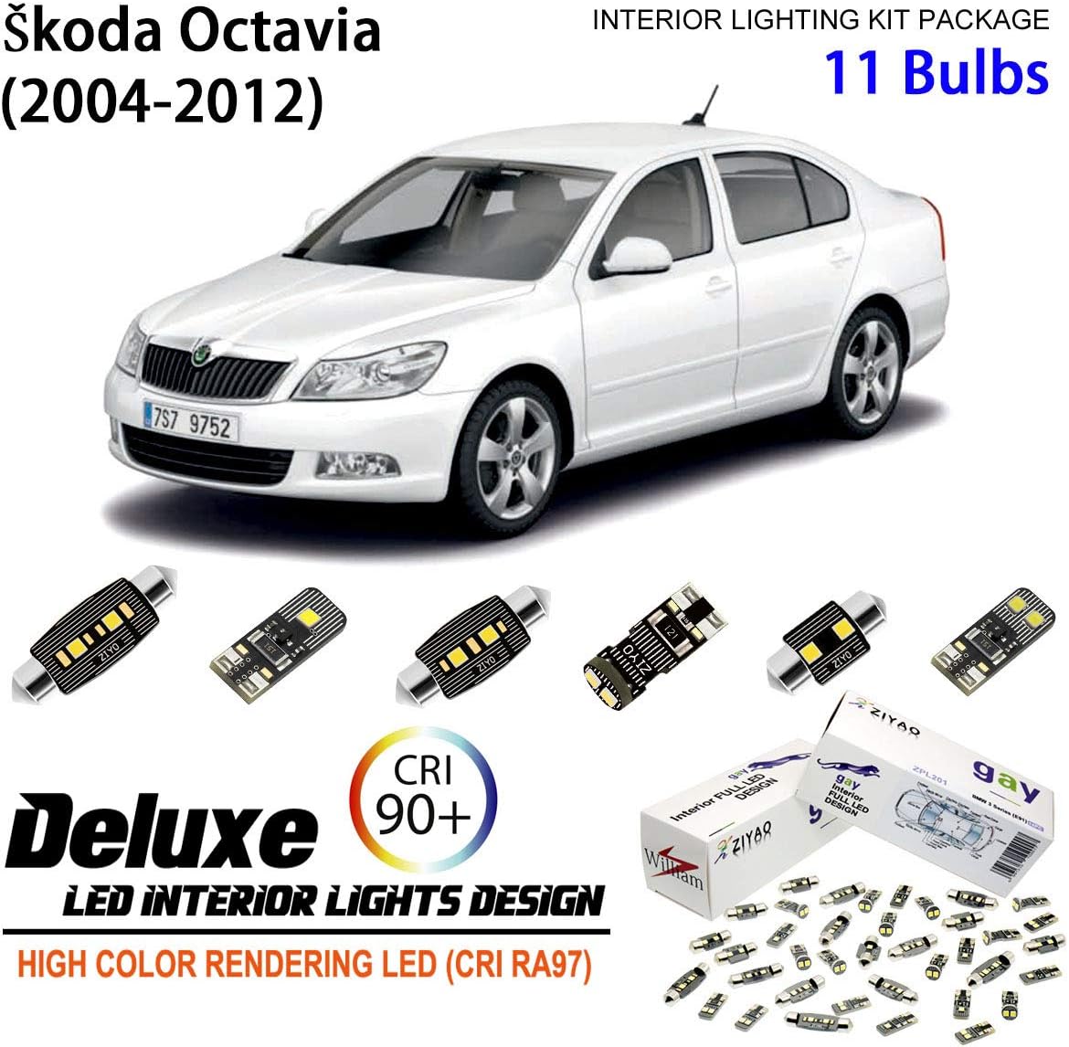 ZPL1535 - (11 Bulbs) LED Interior Light kit Replacement for Skoda Octavia MK2 2004-2012 + License Plate Light Bulbs Package, White Dome Lights Upgrade Error Free