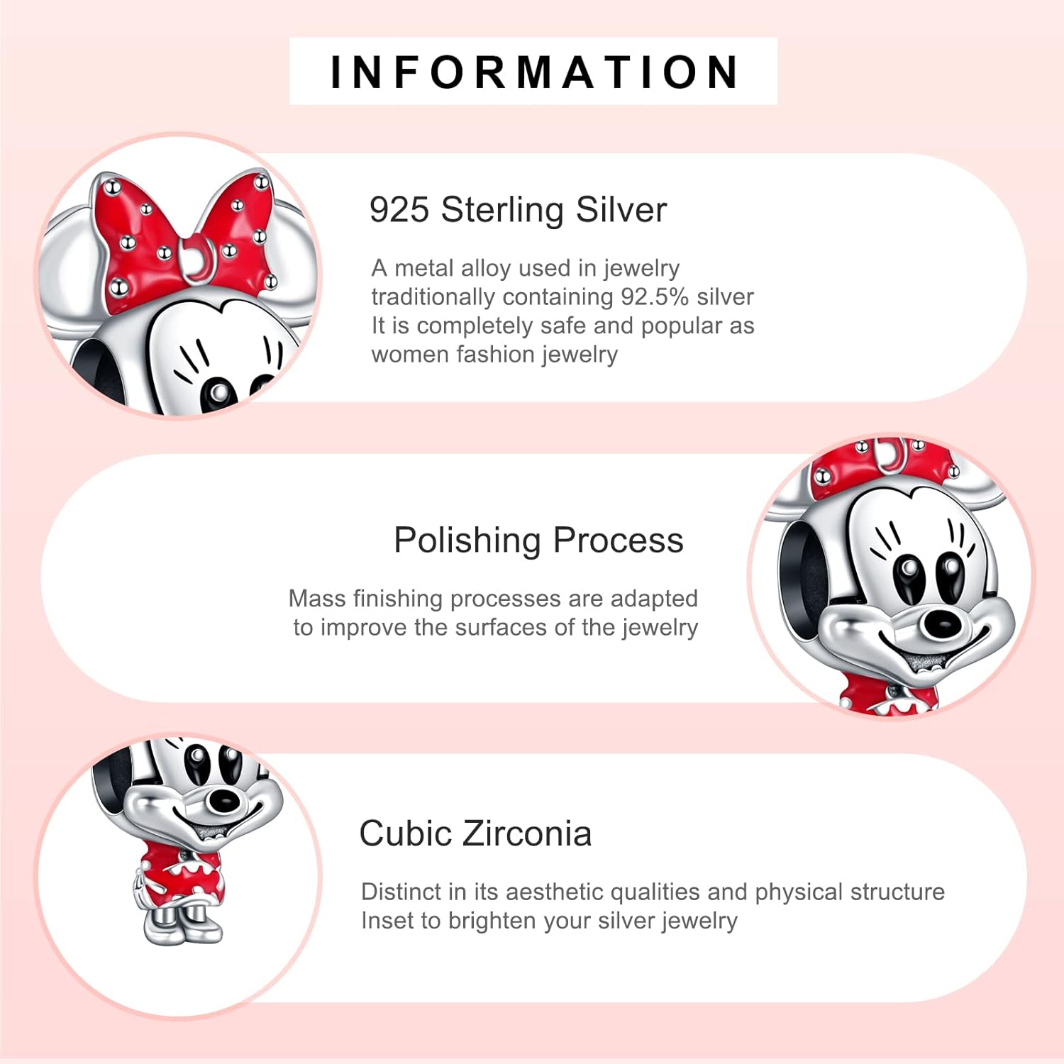 925 Sterling Silver Charms Cartoon Mouse Charm Set Beads For Women Bracelets Necklace 3 Piece/Package (Charm Set- C) - Image 5
