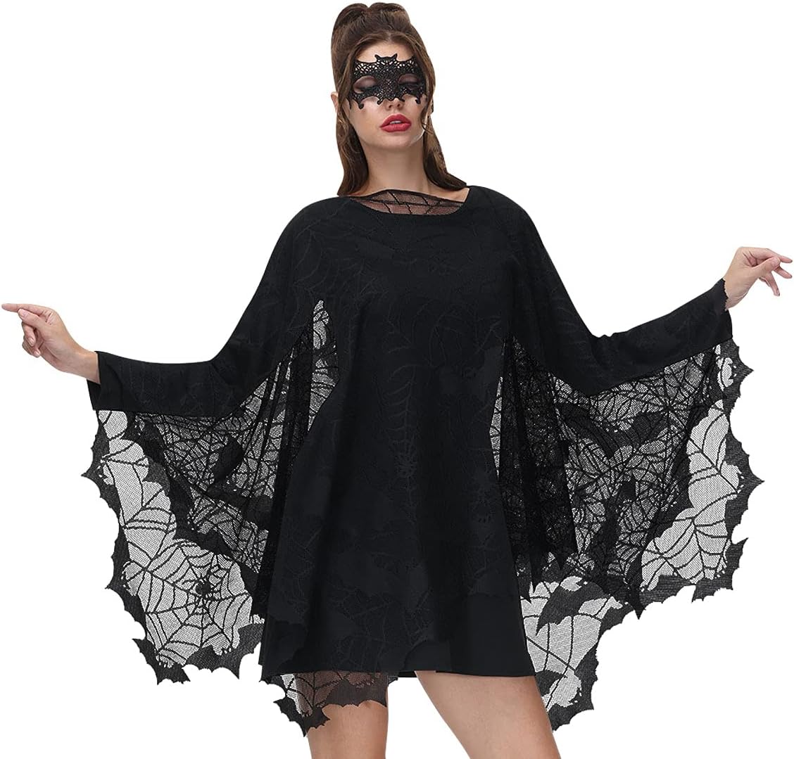 For G and PL Womens Halloween Skeleton Costume Bat Poncho Scary Cape with Lace Masquerade Mask