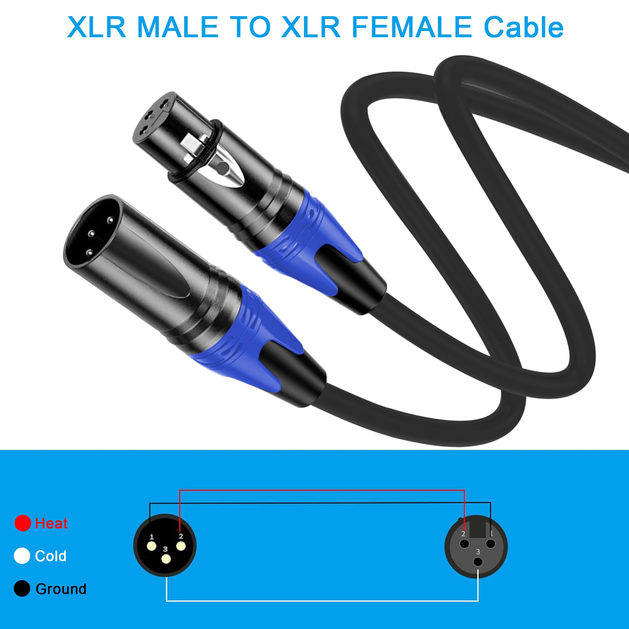 XLR-Kabel, 2 m, hochwertiges symmetrisches Mikrofonkabel mit 3-poligem XLR-Stecker auf Buchse, Mikrofon-Lautsprecherkabel, schwarz mit 2 Farben (Blau und Grün), reines Kupfer und beschichtete