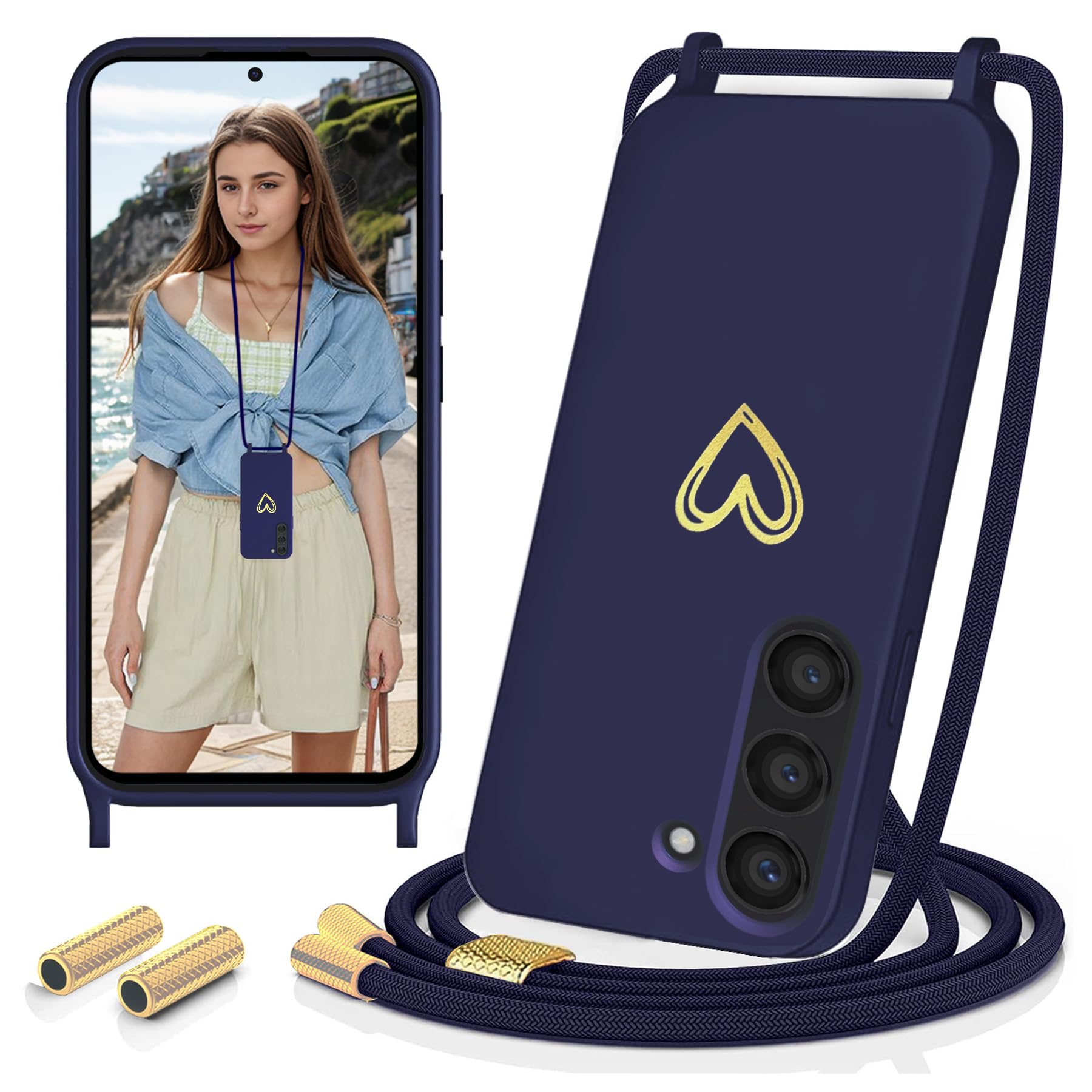 SeborMobile Phone Chain for Samsung Galaxy S23 5G, Case with Strap, Necklace Mobile Phone Case with Chain for Hanging, Gold Love Heart Silicone Shockproof Protective Case with Removable Cord for S23