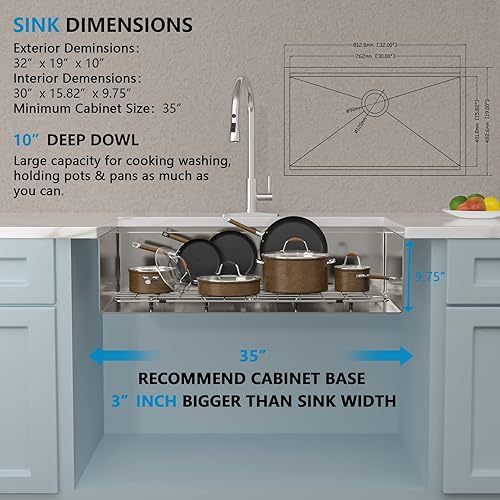 Miniatura 5 de Fregadero de cocina de 32 pulgadas para montaje bajo encimera de acero inoxidable 304 de calibre 16 de 32 x 19 pulgadas, para colocar debajo de la