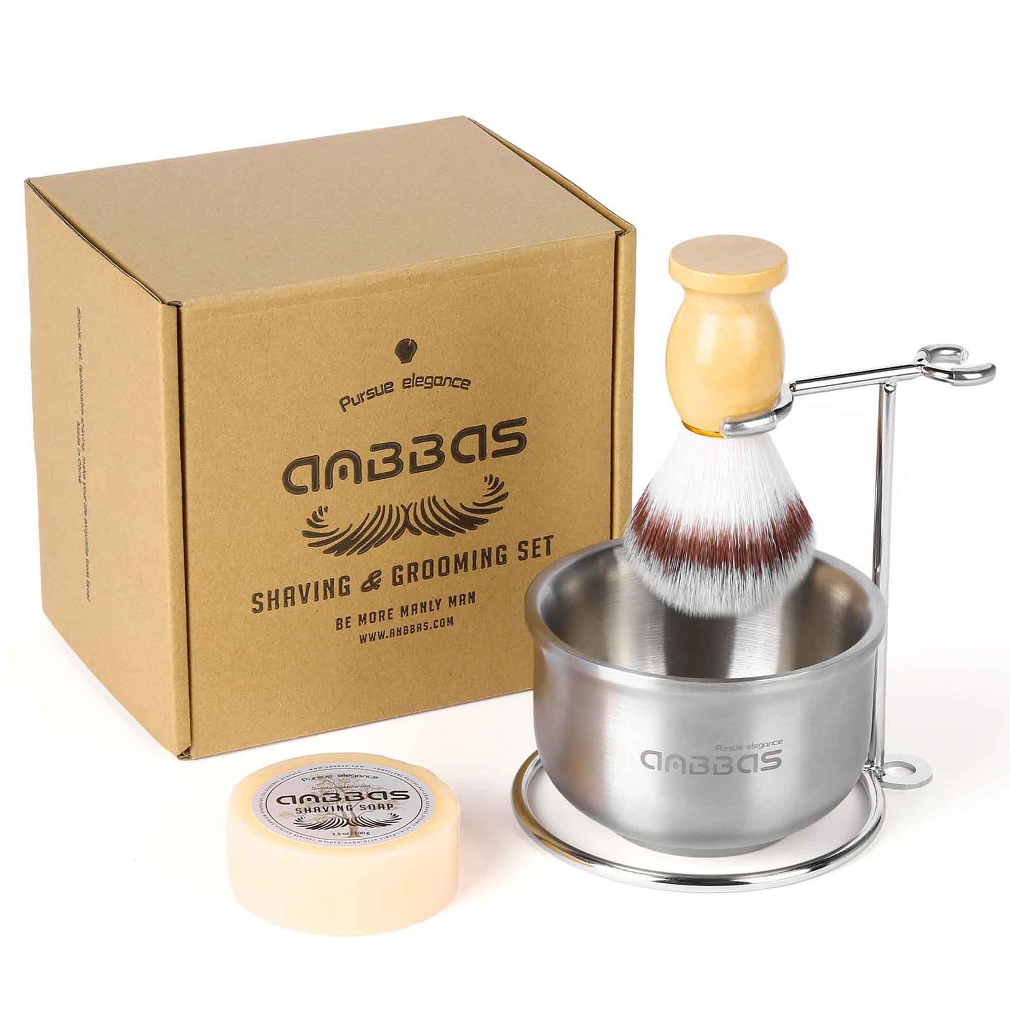 Anbbas Faux Badger Shaving Brush Stainless Steel Shaving Razor and Brush Stand Shaving Bowl and 100g Natural Soap