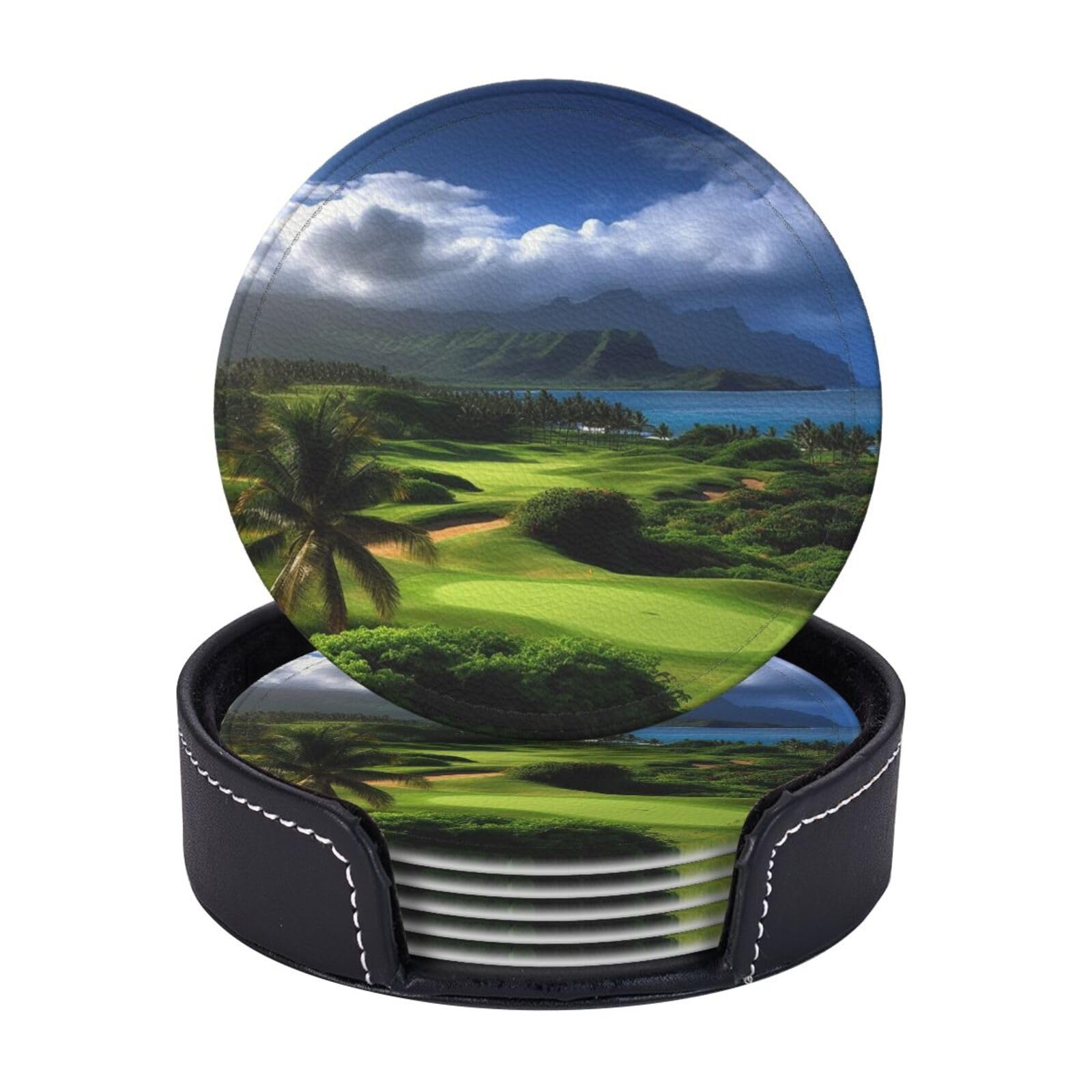 6PCS Drink Coasters with Holder, 4" Leather Coasters for Drinks, Scenic Hawaii Golf Tropical Cup Coasters for Coffee Table Decor, Non-Slip Drinking Cup Mat for Hot or Cold Drink