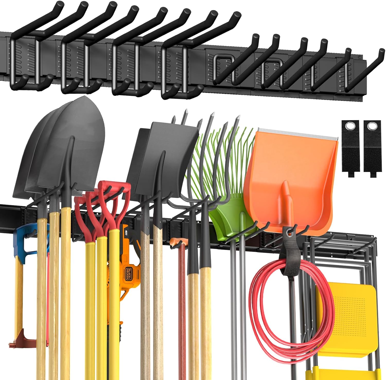 Garage Tool Organizer Wall Mount, 64" Heavy-Duty Metal Wall Organizer, 4 Rails with 8 Adjustable Hooks, Garden Storage Rack for Organization, Sturdy Tool Hanging Holder for Shovel Shed Yard