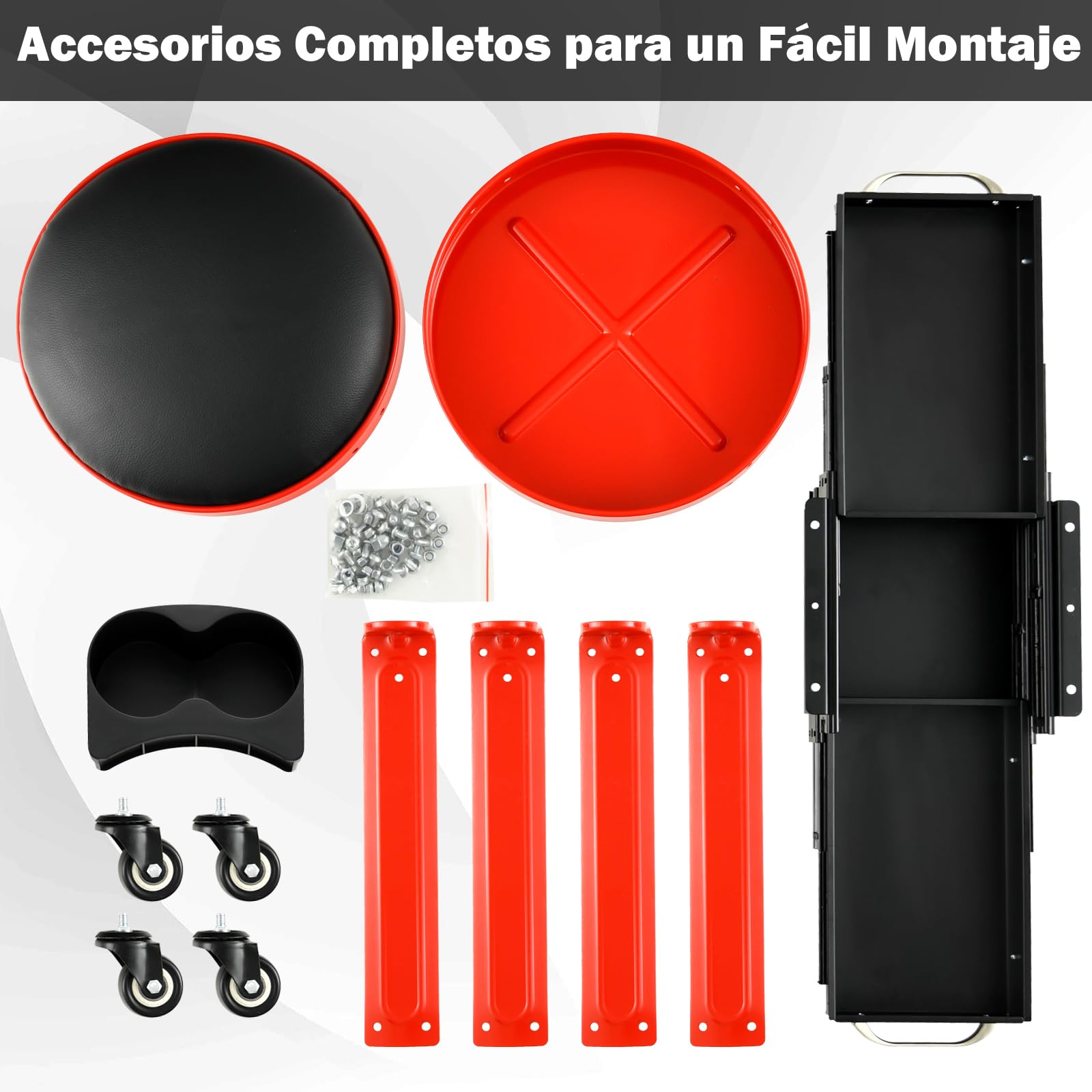 GYMAX Taburete Taller con Ruedas, hasta 150 kg, Taburete con Ruedas con Cajones Dobles, Soporte para Latas y 4 Ruedas Universales, Taburete Mecánico con Bandeja para Taller y Garaje