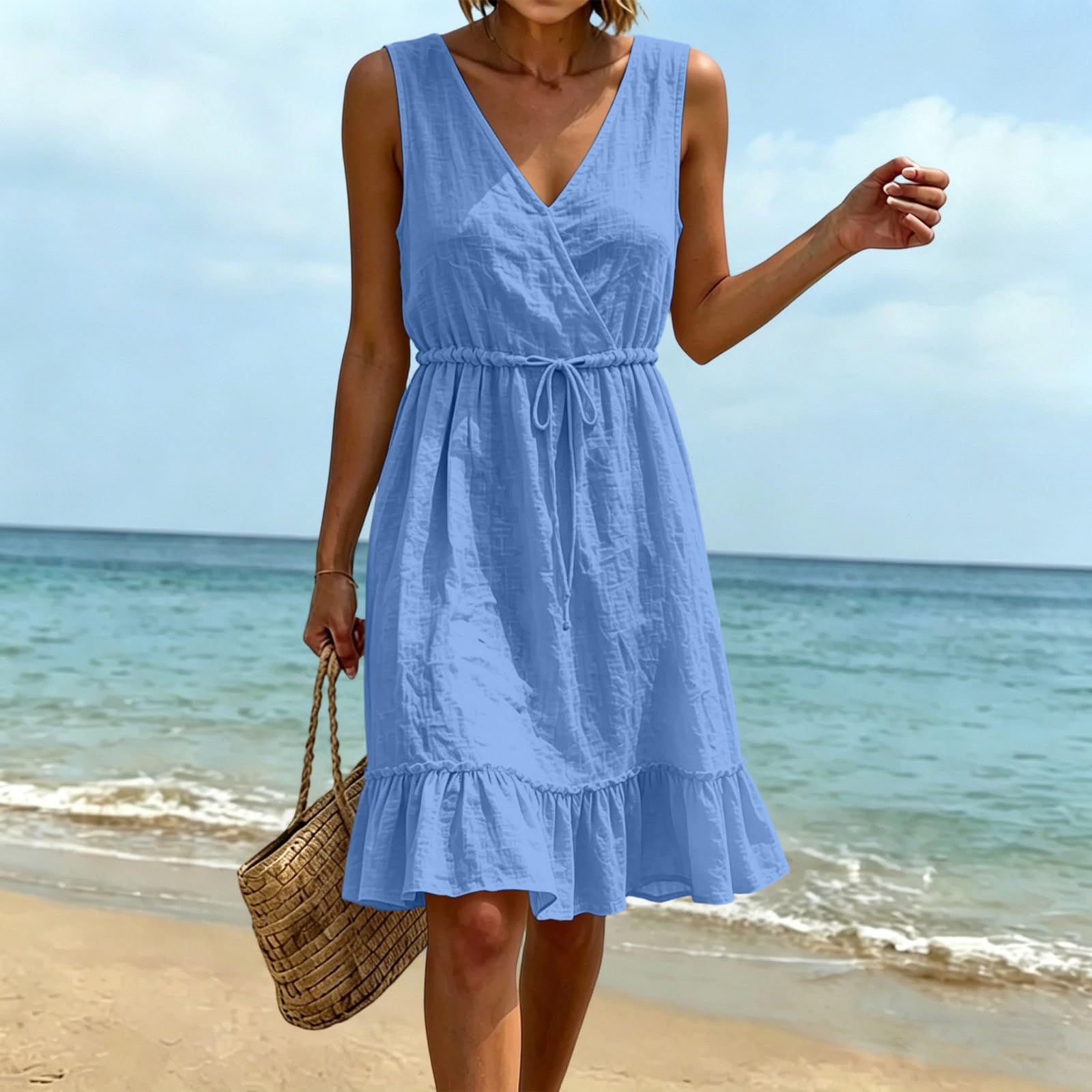 Musselin Kleid Damen, Kurz Leinenkleider Midikleid Strandkleid Luftig Kleider Mit Rüschen Saum Taillenband Ärmellose V-Ausschnitt Trägerkleid Freizeitkleid A Linien Wickelkleid Leichtes Sommerkleid