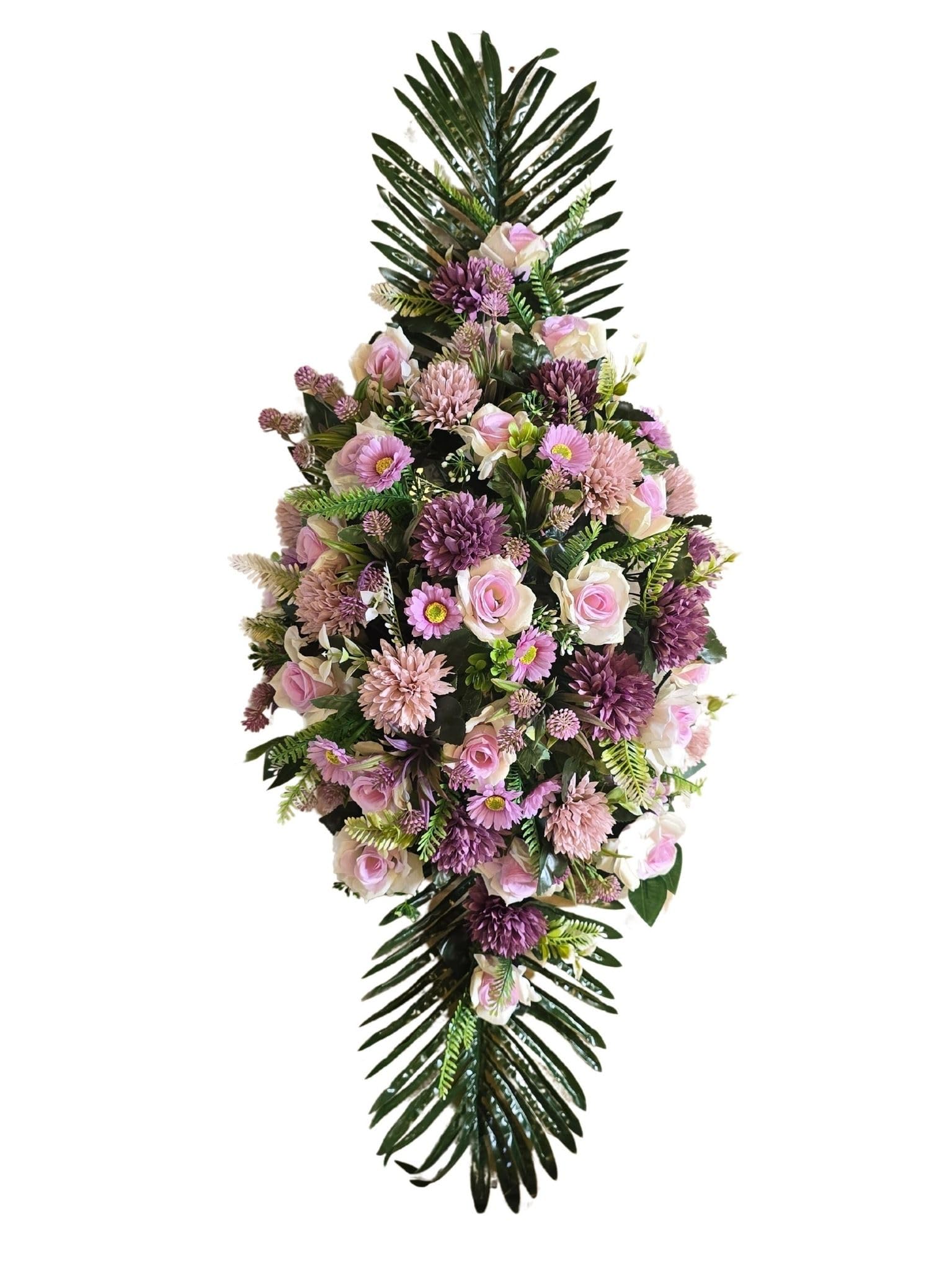 DRW Centro de Flores Artificiales cojin Cementerio procesiones, Iglesias Bodas o sepulturas con Flores Lilas y malvas Estilo Barco 115x45x25