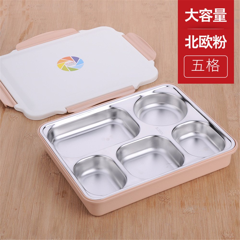 IYEARN Adult bulk lunch box lunch box microwave heat insulation students separate plastic lunch box 304 stainless steel, pink 5 grid