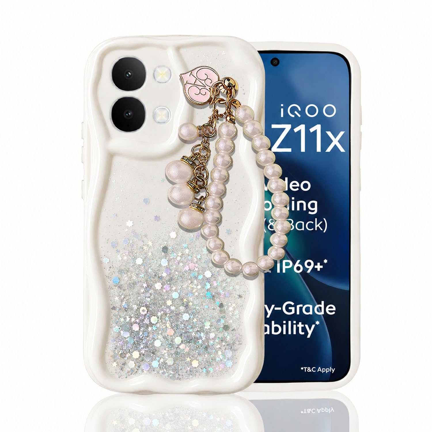 kc back cover for iqoo z11x 5g / vivo t5x 5g / y51 pro 5g - shiny pearl wrist hanging chain dry fixed glitter curly wave shape shockproof soft silicone case with camera protection (white)