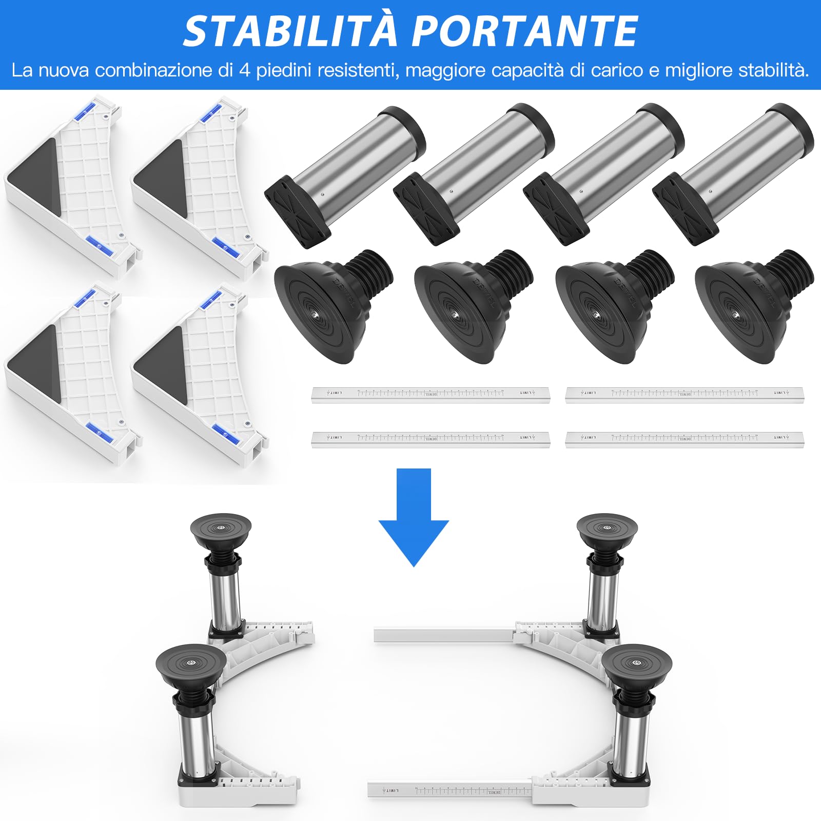 DEWEL Base per lavatrice regolabile, Telaio base per lavatrice per frigorifero, asciugatrice e congelatore, Carico massimo 300 kg, Regolabile 43-62 cm, 15-18 cm, Bianco | Base regolabile per lavatrice per asciugatrice e congelatore, carico 300 kg, larghez