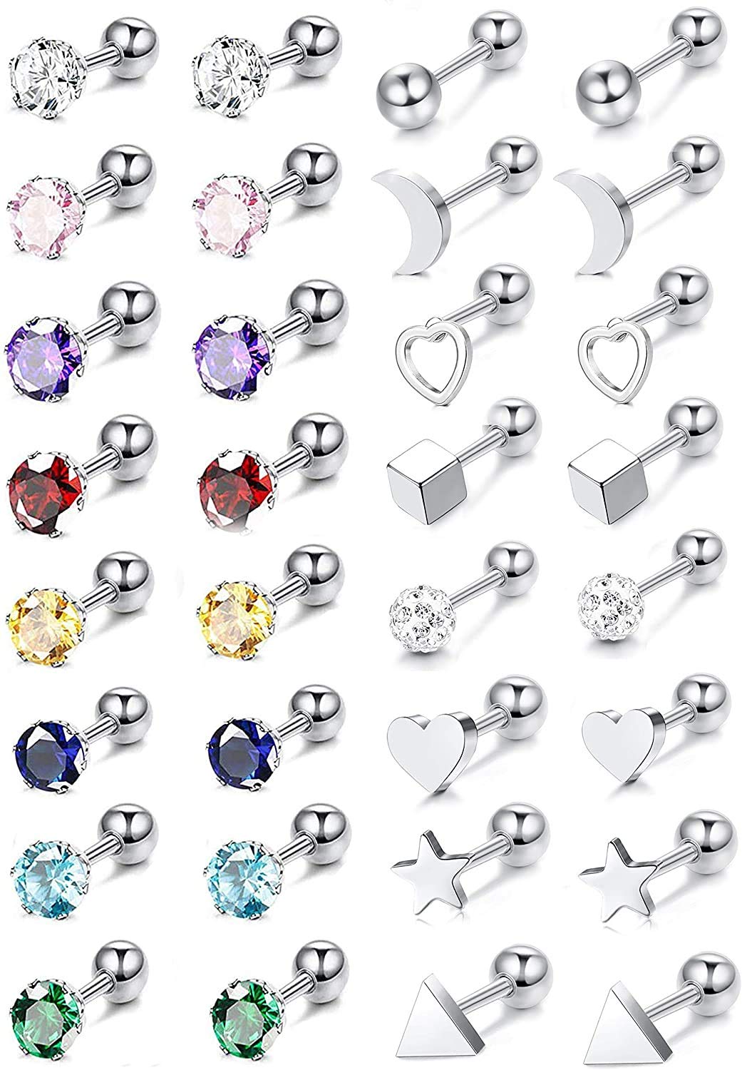 MILACOLATO 16 pares Piercing para Oreja de Pendientes de Cartílago Acero Inoxidable de 20G para Mujeres Cartílago Hélice Tragus Piercing de Oreja CZ Juego de Pendientes Set Joyería