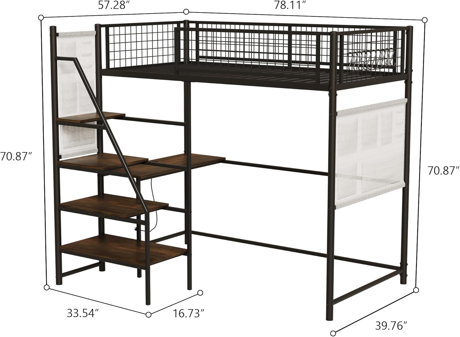 Twin Size Metal Loft Bed with Stairs, Large Under-Bed Space, Built-in Charging Station, LED Lighting, for Bedroom, Dormitory, Black