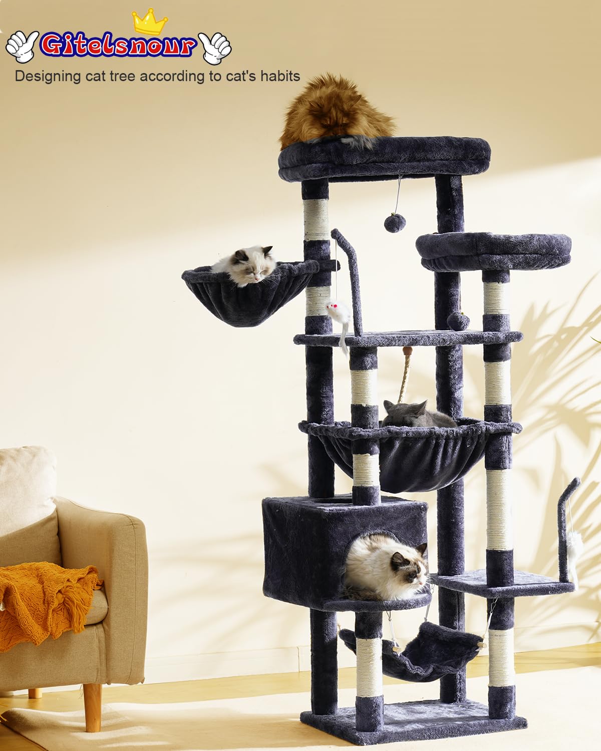 Gitelsnour Cat Tree, Cat Tower for Large Cats with 2 Big Platforms, 2 Baskets, condo and Toys, 63