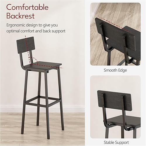 Miniatura 4 de GILLAS Juego de 2 taburetes de bar, sillas de bar altas con respaldo y reposapiés, altura de mostrador de estilo industrial, color negro Negro