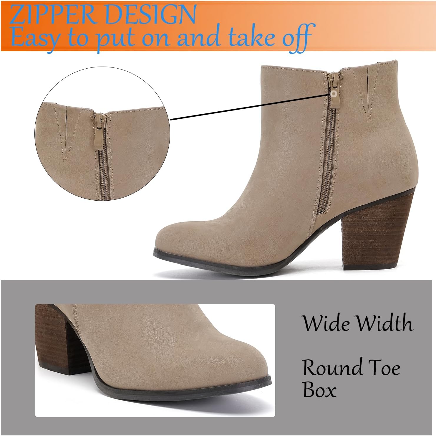 Luoika Women's Wide Width Ankle Boots, Chunky Heel Side Zipper Extra Wide Short Booties. - Image 5