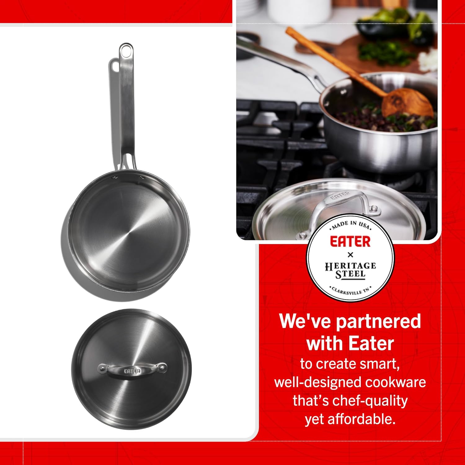 Heritage Steel x Eater 2 Quart Saucepan with Lid | Made in USA | 5-Ply Fully Clad Stainless Steel Pan | Stay Cool Handle Design | Induction Capable & Non-Toxic Cookware