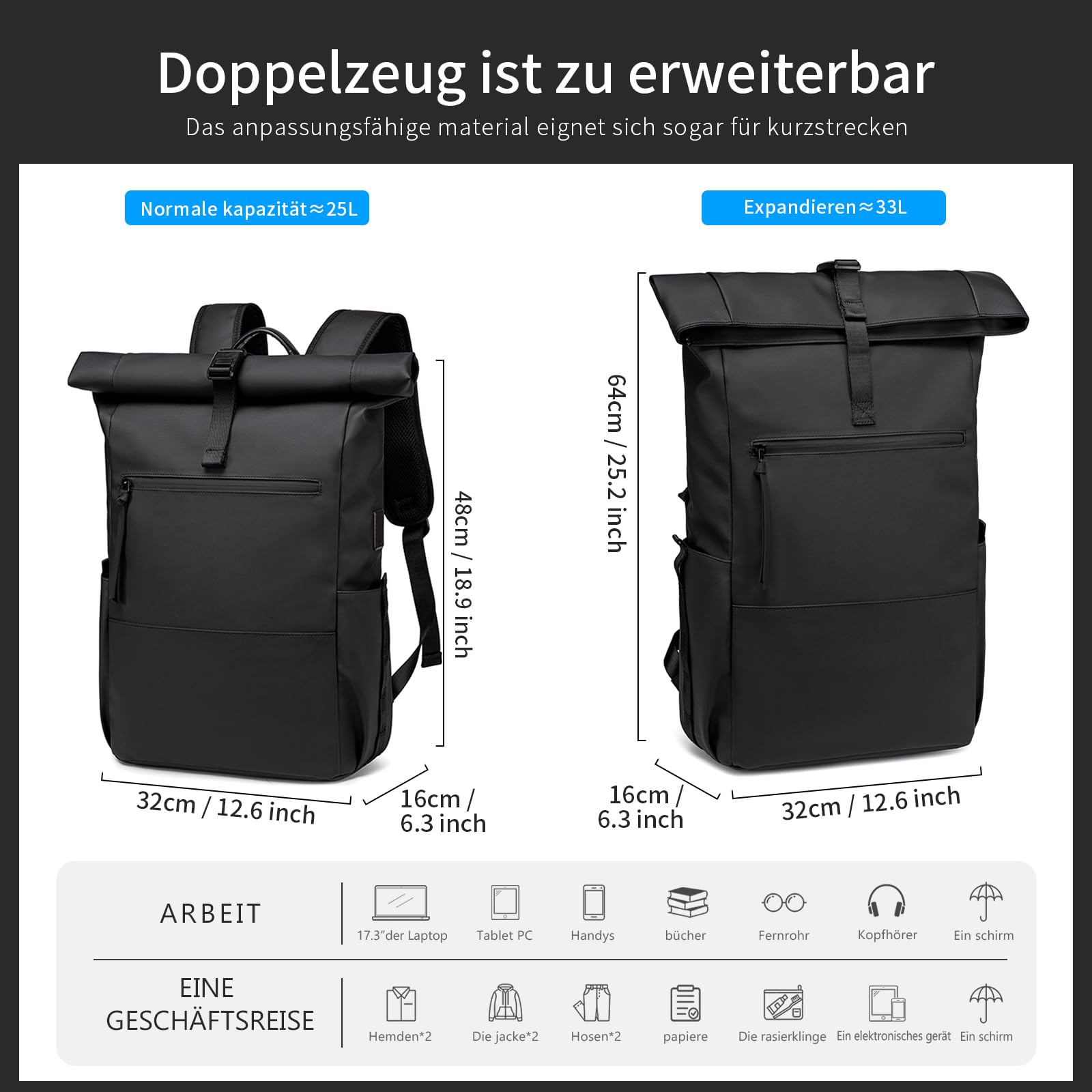 Rolltop Rucksack Damen Herren Großer Laptop Rucksack Wasserdichter mit Computerfach 16 Zoll Rucksäcke Schulrucksack Wasserfester Reiserucksack Handgepäck Flugzeug Arbeit Reisen