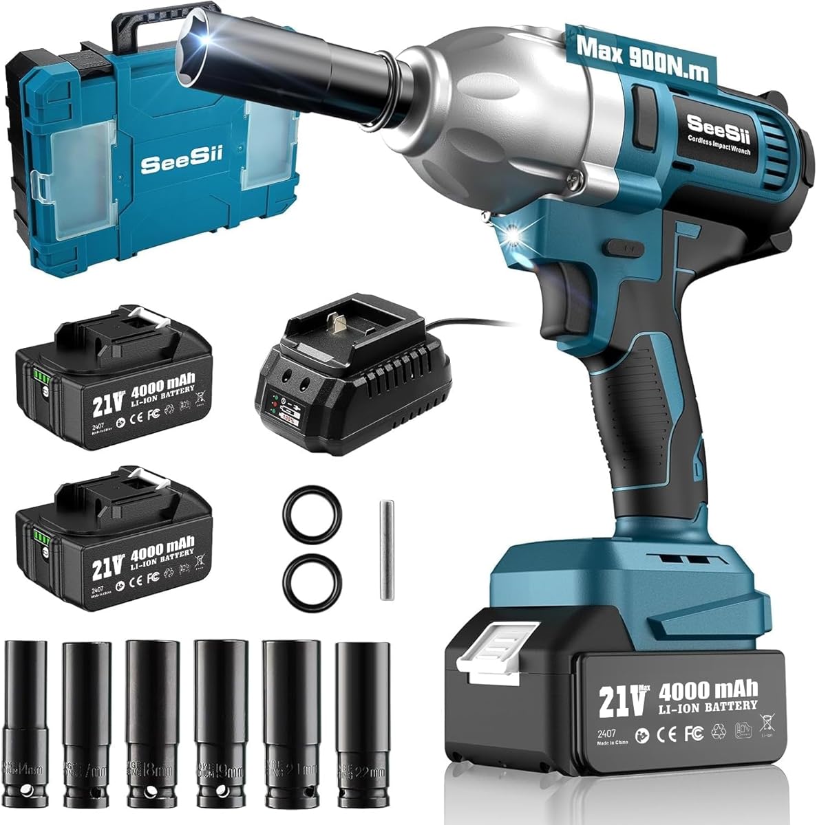 SEESII Cordless Impact Wrench, 665ft-lbs(900N.m) High Torque Impact Wrench, 1/2 inch Impact Gun Brushless w/ 2X 4.0Ah Battery, Charger & 6 Sockets, Electric Impact Wrench for Car Tire Home