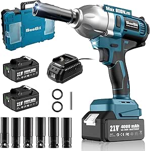 SEESII Cordless Impact Wrench, 665ft-lbs(900N.m) High Torque Impact Wrench, 1/2 inch Impact Gun Brushless w/ 2X 4.0Ah Battery, Charger & 6 Sockets, Electric Impact Wrench for Car Tire Home