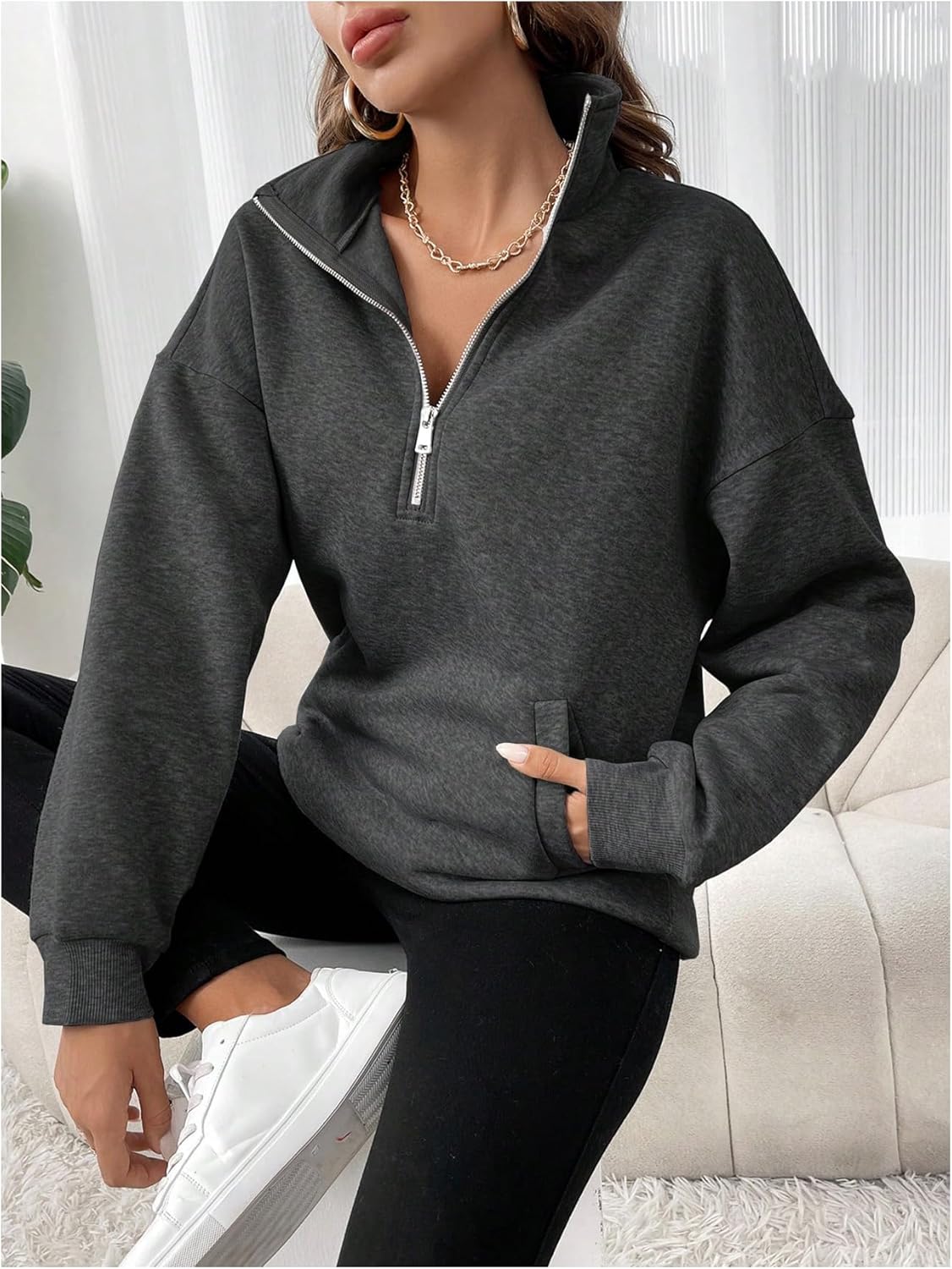 SweatyRocks Women's Plus Size Oversized Sweatshirts Half Zip Up Long Sleeve Pullover Tops with Pockets - Image 3
