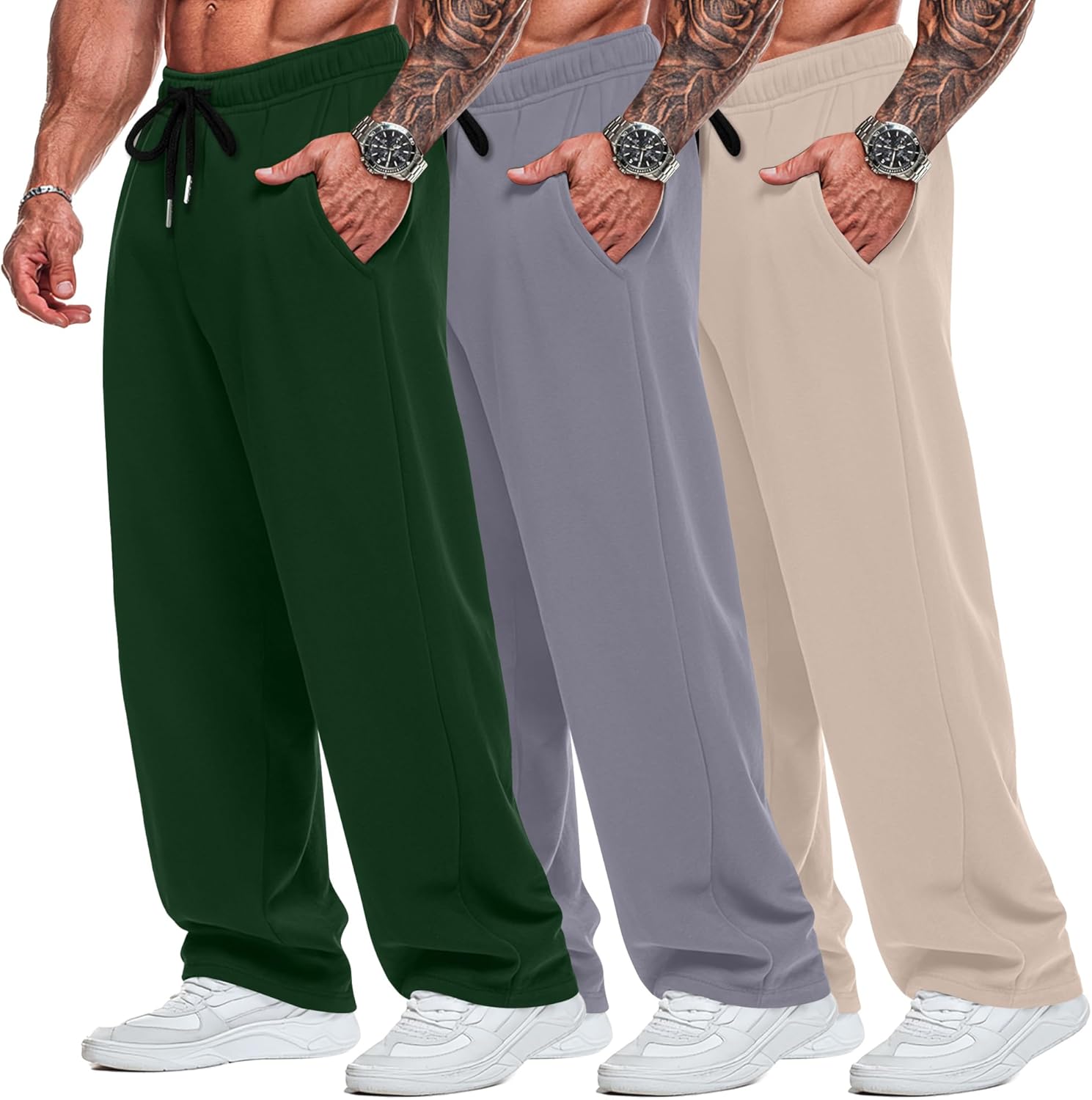 Neer 3 Pack Big and Tall Men's Sweatpants Elastic Waist Wide Leg Open Bottom Pants Athletic Workout Joggers with Pockets