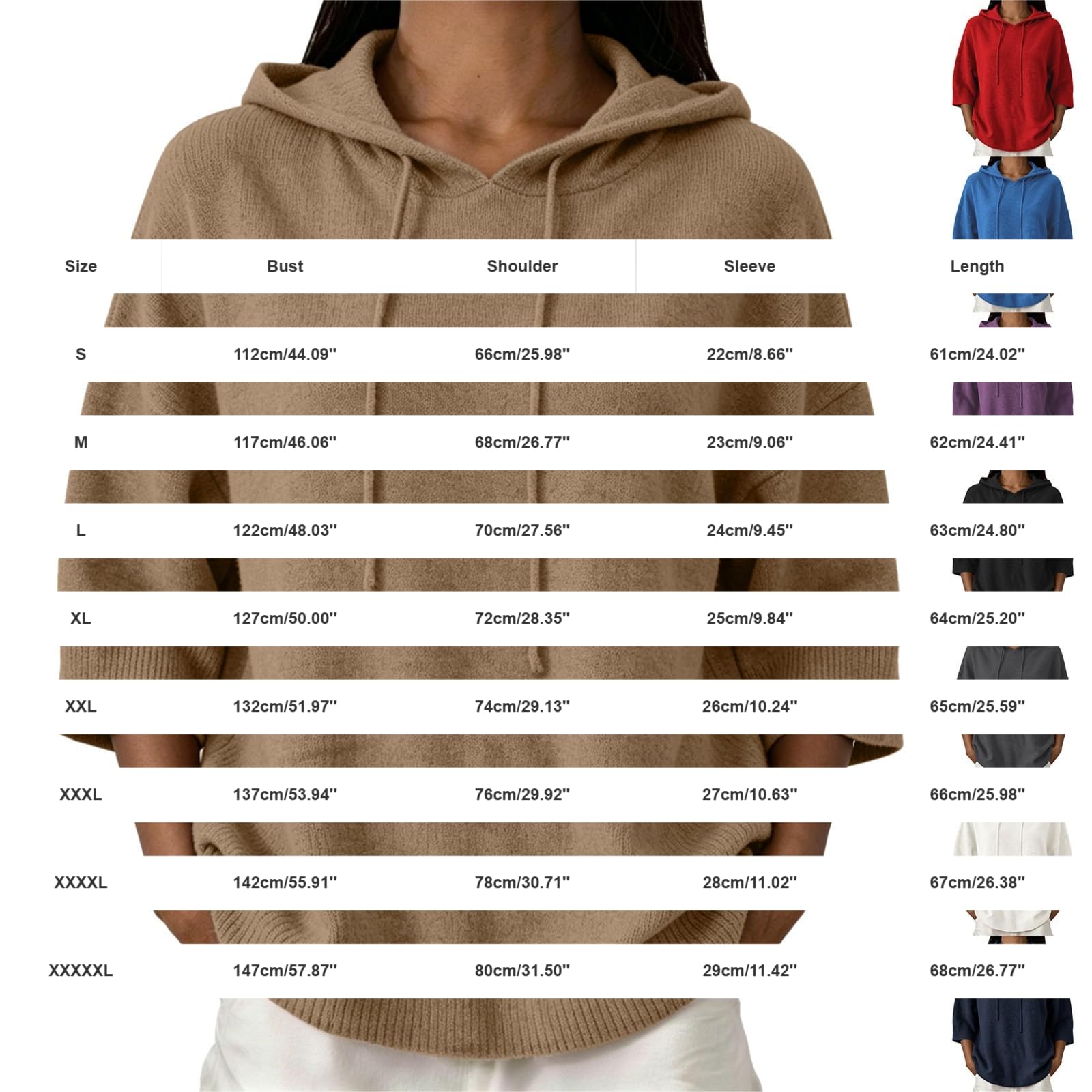 Generisch Felpa oversize da donna, invernale, casual, a maniche lunghe, a 3/4, con cappuccio, tinta unita, alla moda, traspirante, per leggings