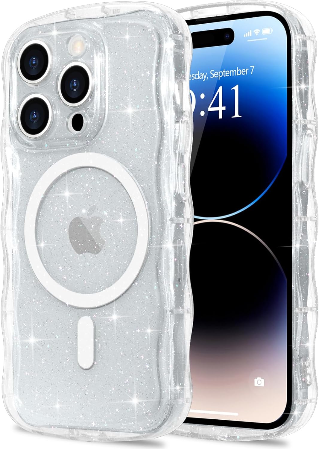 Pepmune Magnetic for iPhone 14 Pro Max Case Clear, Sparkly Bling Glitter Cute Curly Wave Bumper Cover for Women Girls Compatible with MagSafe TPU Shockproof Phone Case for iPhone 14 Pro Max, Mag Clear