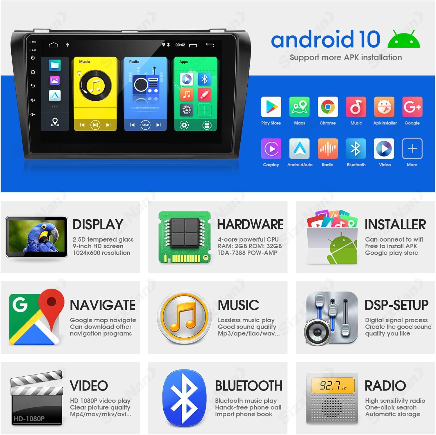 sizxnanv for mazda 3 android 10 touch screen compatible with carplay android autocar radio stereo bluetooth navigation media player gps wifi fm rear