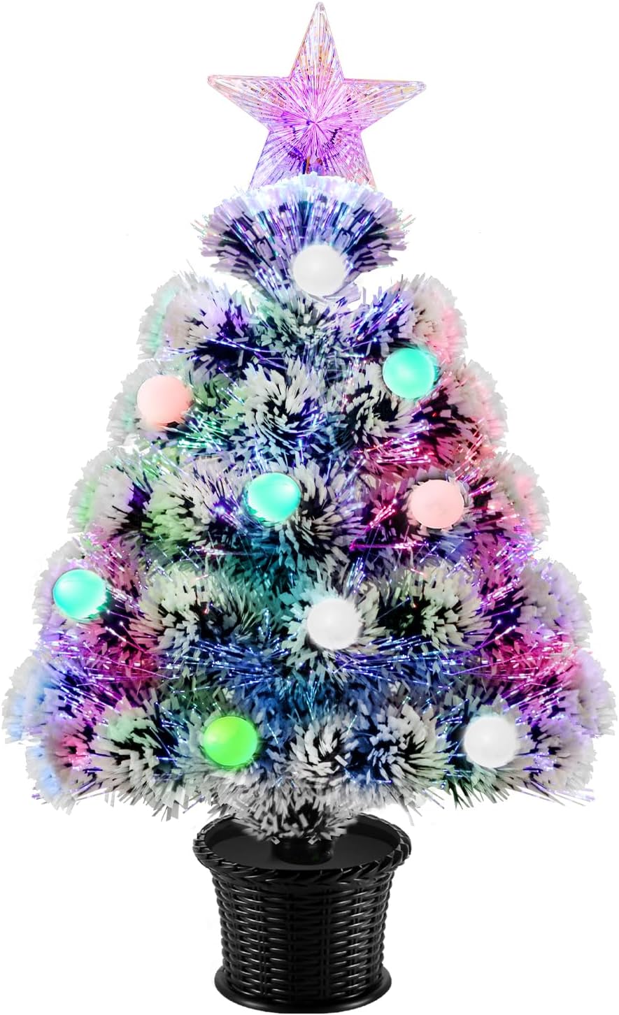 22inch Fiber Optic Tabletop Christmas Tree,Pre-lit Artificial Mini Xmas Trees with Balls,RGB Lights,Treetop, Battery/USB Powered White Small Tiny Tree Decorations for Desktop,Holiday
