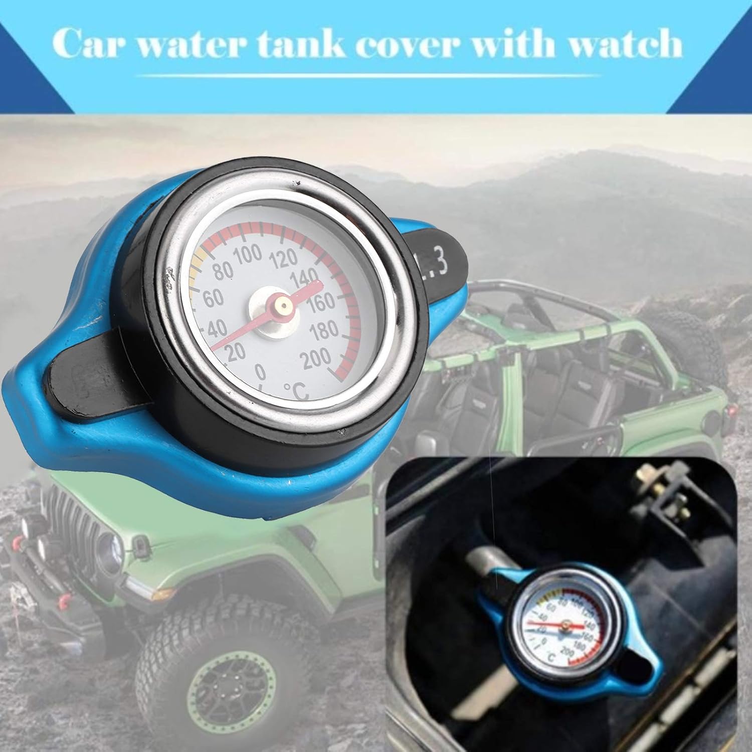 Car Radiator Cover, Universal Thermostatic Radiator Cap Water Tank Cover Leakproof W/Temperature Gauge with 0.9-1.3 Bar Temperature Gauge