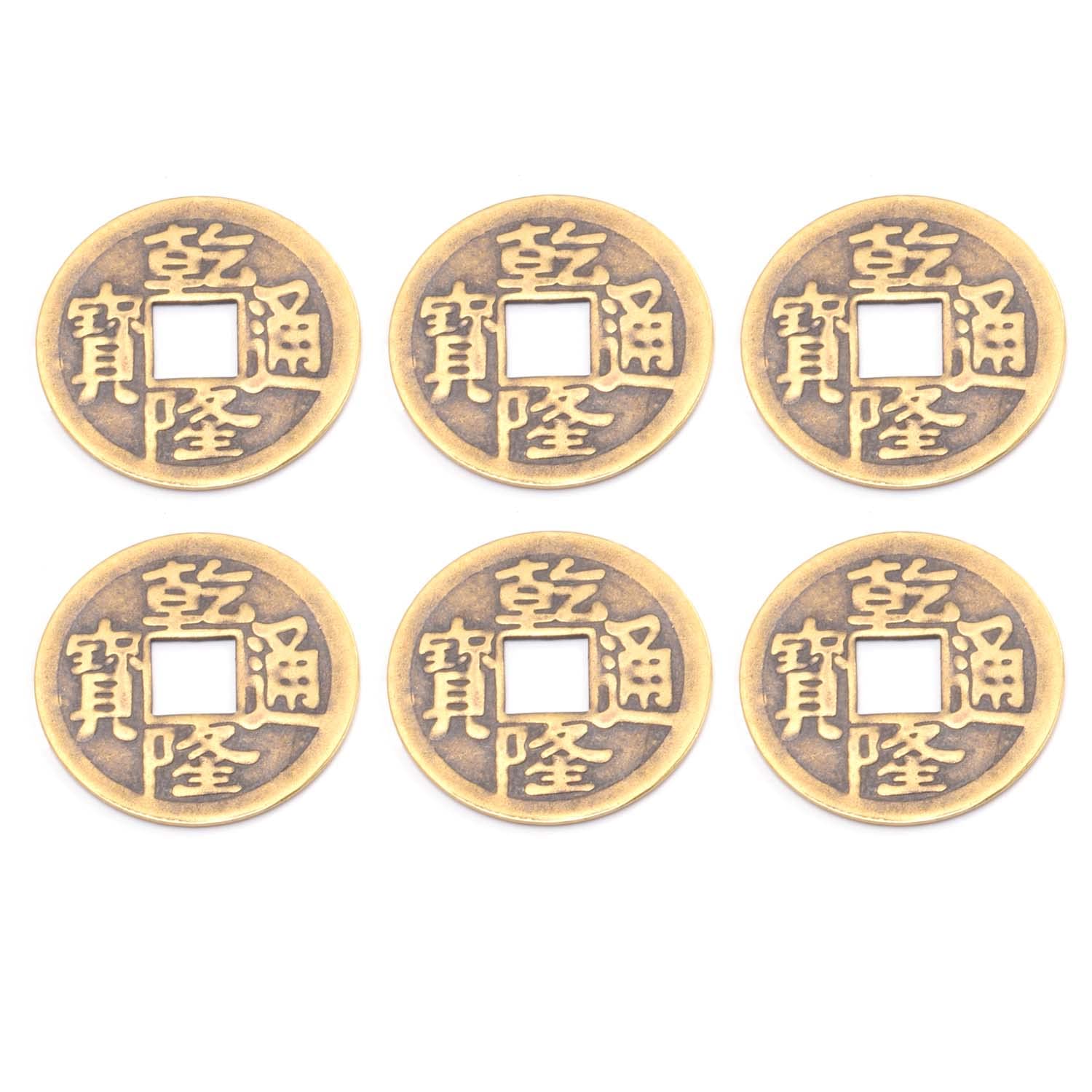 QICAITU6pcs/Set Brass Chinese Feng Shui I Ching Divination Coins for Success Diameter 1.65 inch with Gift Bag (Qianlong Tongbao)