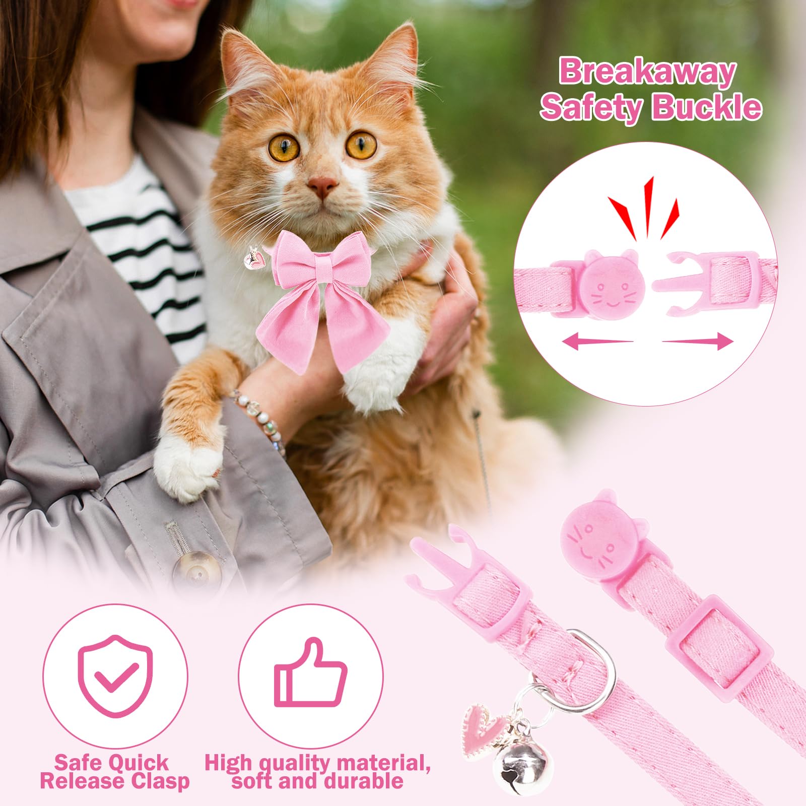 Collar de gato con campanas, collar de lazo rosa para gatos hembra, collar de gatos pequeños con lazo para primavera y verano, paquete de 2 collares suaves y bonitos con cuello de camisa