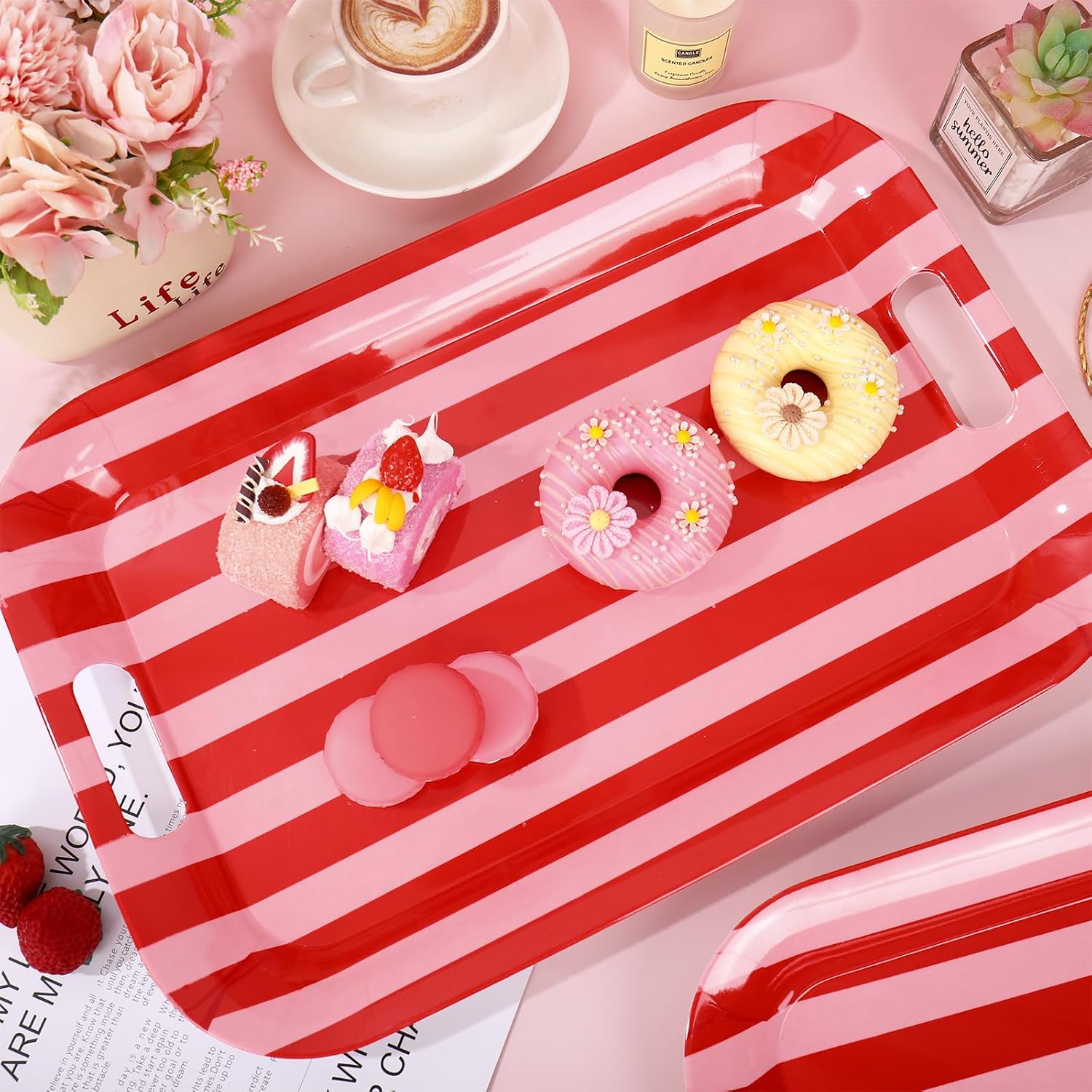 Whaline 3 Pcs Stripe Serving Trays Melamine Platter Red Pink Serving Dishes for Baby Shower Wedding Party Sharing Food Supplies, 16.5 x 11 Inch