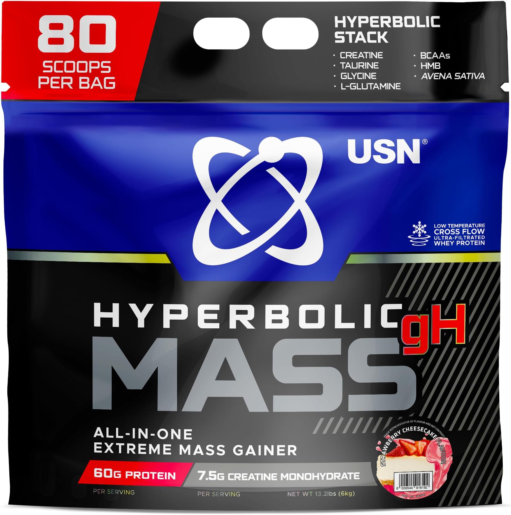 USN Hyperbolic Mass Weight Gainer Protein Powder | Strawberry Cheesecake| 6kg | 1100+ Calories | High Calorie Muscle Mass Gainer | 60g Protein + Creatine | Bulk Weight Gain for Hard Gainers