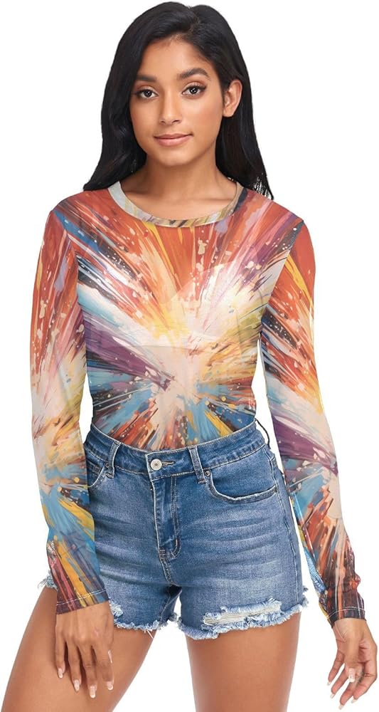 BOENLE Graffiti Lines Long Sleeve Shirts for Women Sexy Sheer Mesh