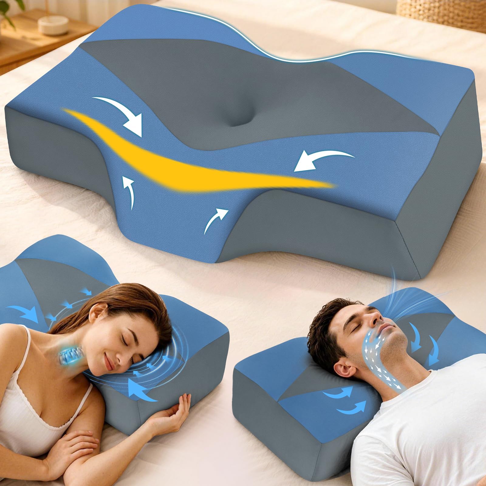 Cervical Memory Foam Pillow for Neck and Shoulder Pain - Adjustable Orthopedic Pillow with Hollow Design - Bed Bolster Pillow with Cooling Washable Cover for Side, Back & Stomach Sleepers