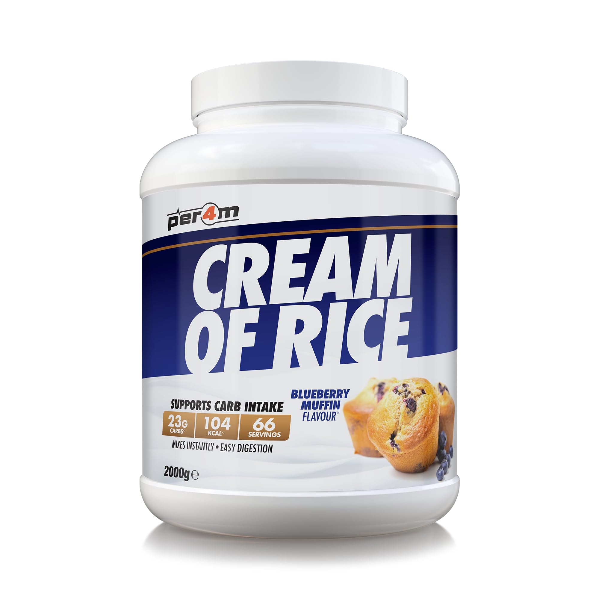 Per4m Cream of Rice | Easy-to-Digest Complex Carbohydrate | Gluten-Free, Plant-Based Smooth Rice Porridge | Ideal Pre- or Post-Workout (2kg (Pack of 1), Blueberry Muffin)