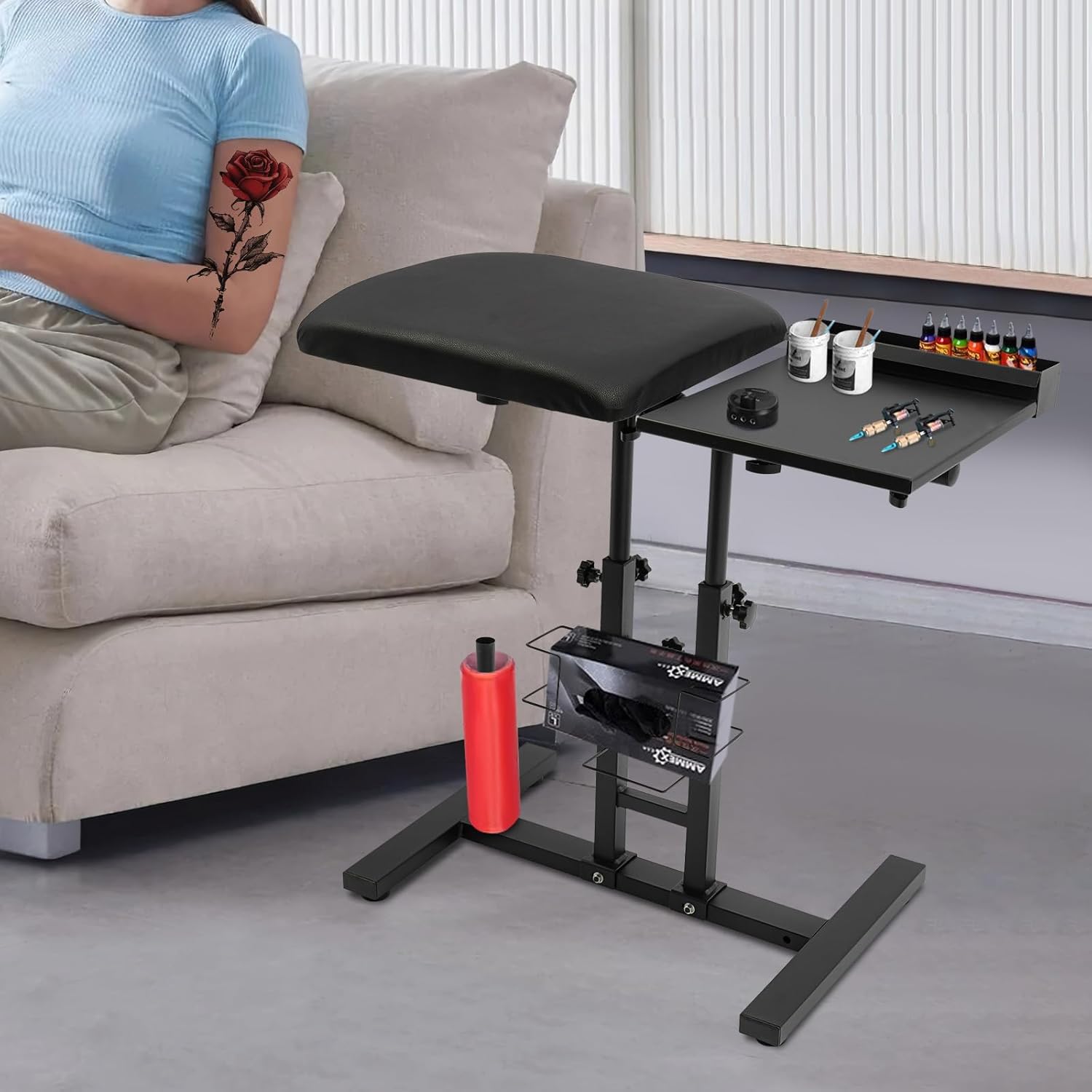 Adjustable Tattoo Arm Rest Stand with Workbench, 360° Rotating Work Station with Storage for Tattoo Studio Nail Salon Dental Office