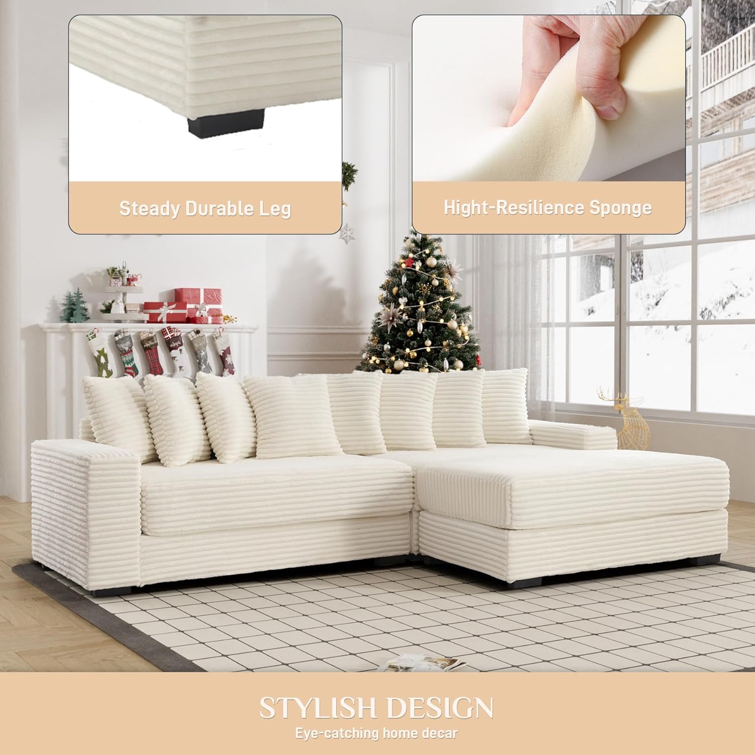 Comfy L Shaped Sectional Couches for Living Room, 111" Oversized Modular Sectional Sofa with Chaise, Modern Fluffy Plush Corduroy Couch Sctional Sofa 2 Piece (Right Facing, Beige)