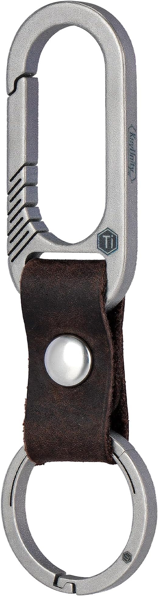 KeyUnity KM02 Titanium Belt Clip Carabiner Leather Keyring Holder with Removable Stainless Steel Key Ring