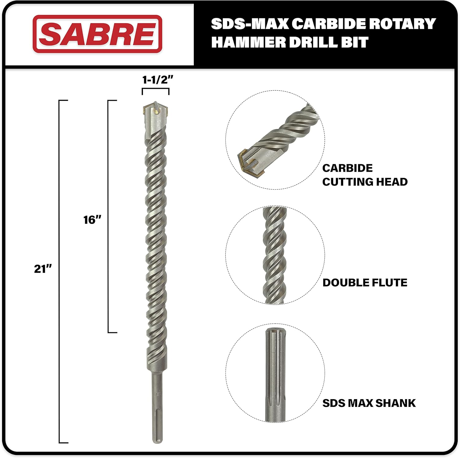 Get Cheap Price Sabre Tool 1-1/2 Inch x 22 Inch SDS MAX Rotary Hammer Drill Bit, U-Flute, Carbide Tipped for Brick, Stone, and Concrete (1-1/2 x 17 x 22 Double Flute) SDS MAX HAMMER DRILLS ONLY 🔥 Sabre Tool 1-1/2 Inch x 22 Inch SDS MAX Rotary Hammer Drill Bit, U-Flute, Carbide Tipped for Brick, Stone, and Concrete (1-1/2 x 17 x 22 Double Flute) SDS MAX HAMMER DRILLS ONLY