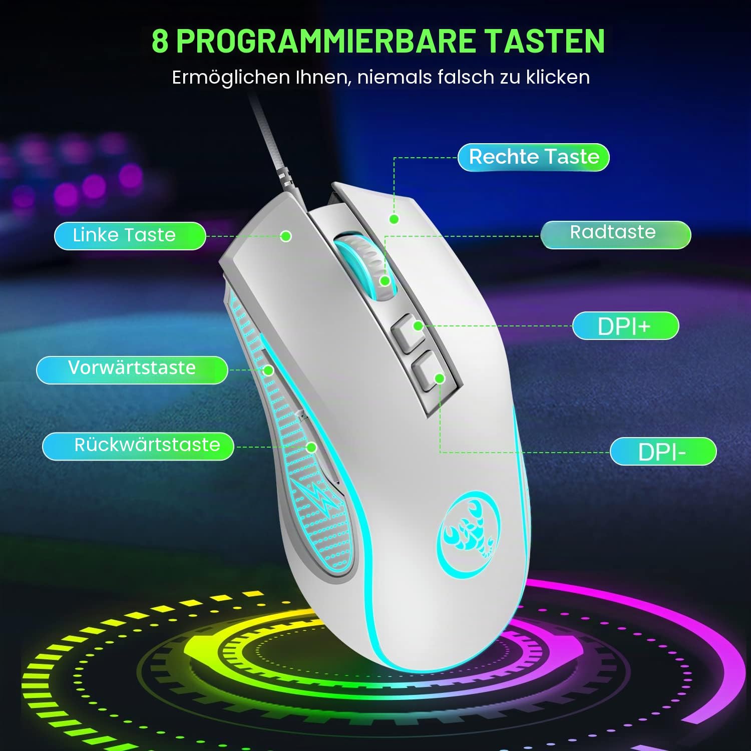 Kabelgebundene Gaming-Tastatur- & Maus-Set mit 61 Tasten RGB Backlit, Mauspad, 7 Farbatmungslicht Maus, 3600 DPI, für PS4-Windows-PC-Mac-Laptop (Weiß)